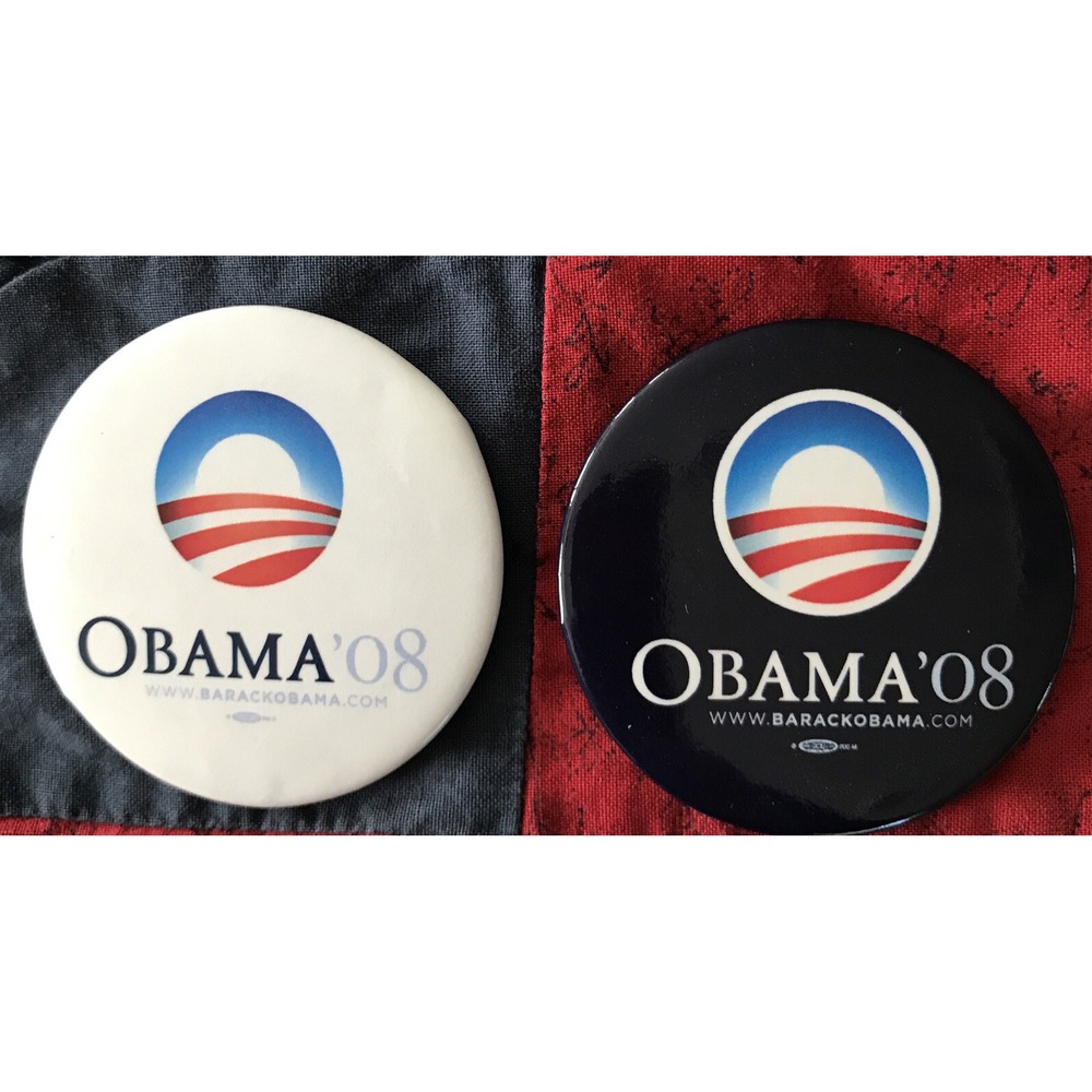 Political Pinback Pin Buttons 2 1/4" Set of 2 Obama '08 White and Blue  with Log